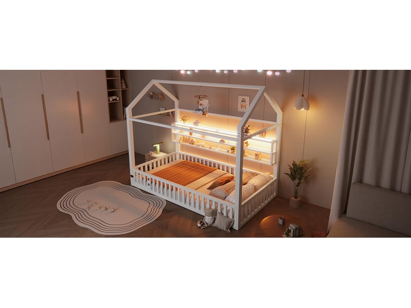  Lit cabane enfant 90 × 200 cm, structure métal et led, blanc  - Conforama B