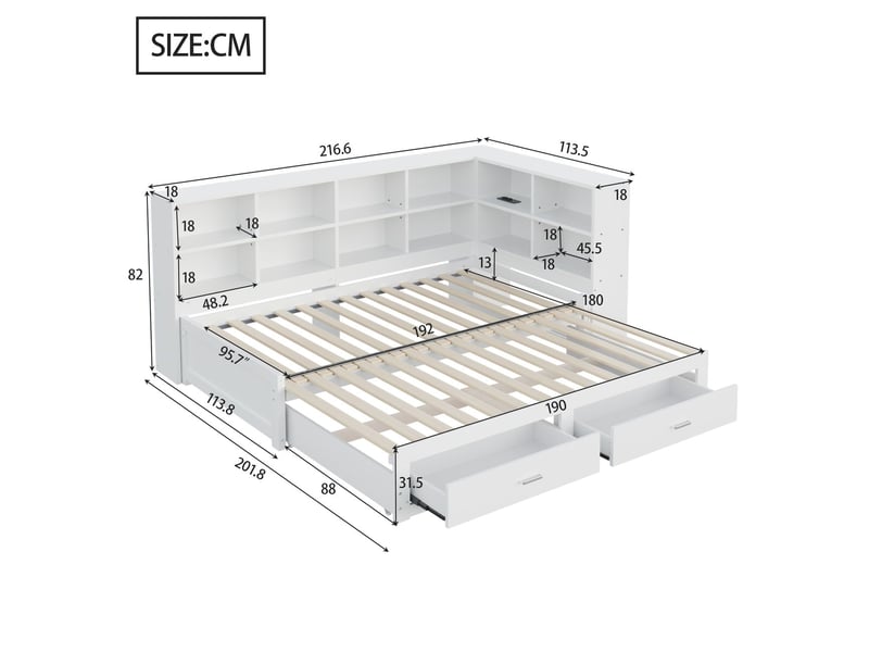  Lit gigogne avec rangement 90180x190cm - 2 tiroirs, multiples étagères et prises - lit gigogne - bois massif, extensible, blanc  - Conforama C