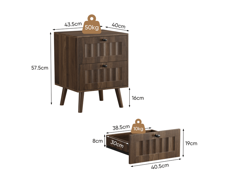  Table de chevet 43,5x40x57,5 cm, 2 tiroirs, design rétro, meuble de chambre, style moderne, mdf et aggloméré, noyer  - Conforama C