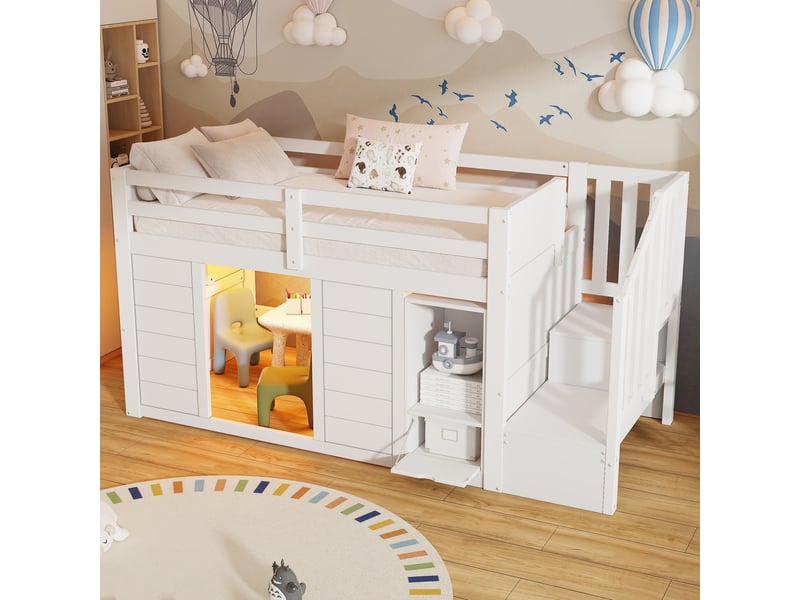  Lit mezzanine 90x200cm pour enfant, escalier avec rangements, bibliothèque intégrée, led multicolore et plusieurs espaces de rangement blanc  - Conforama D