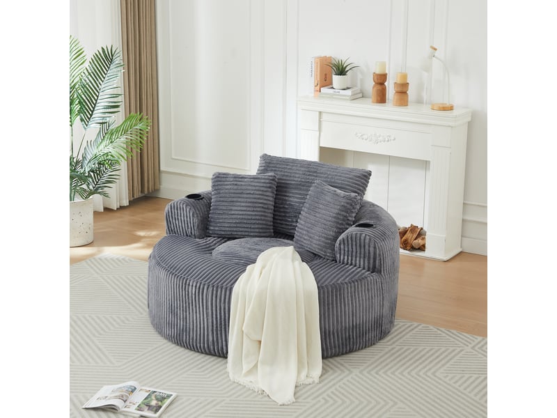  Fauteuil lounge rond 1 place - 3 coussins, 2 porte-gobelets et poches latérales - velours côtelé - gris CozyNest - Conforama B