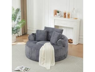 Fauteuil lounge rond 1 place - 3 coussins, 2 porte-gobelets et poches latérales - velours côtelé - gris