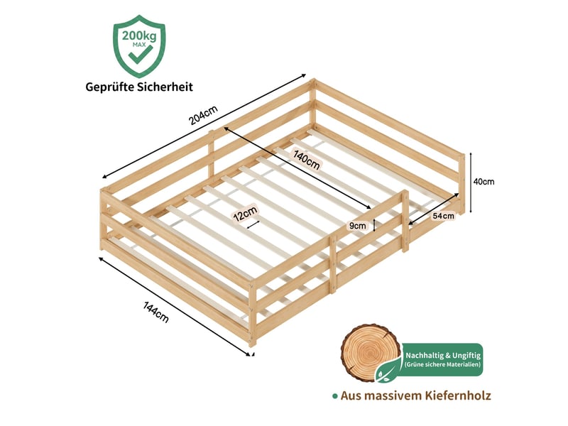  Lit enfant 140x200 cm - lit au sol 140x200 cm - avec barrière de sécurité - facile à assembler - bois de pin - naturel  - Conforama C