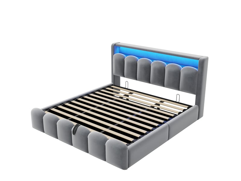  Lit coffre 180x200cm, lit double, ports de charge, led, tête de lit avec rangement, sommiers, velours, métal, mdf, gris  - Conforama D