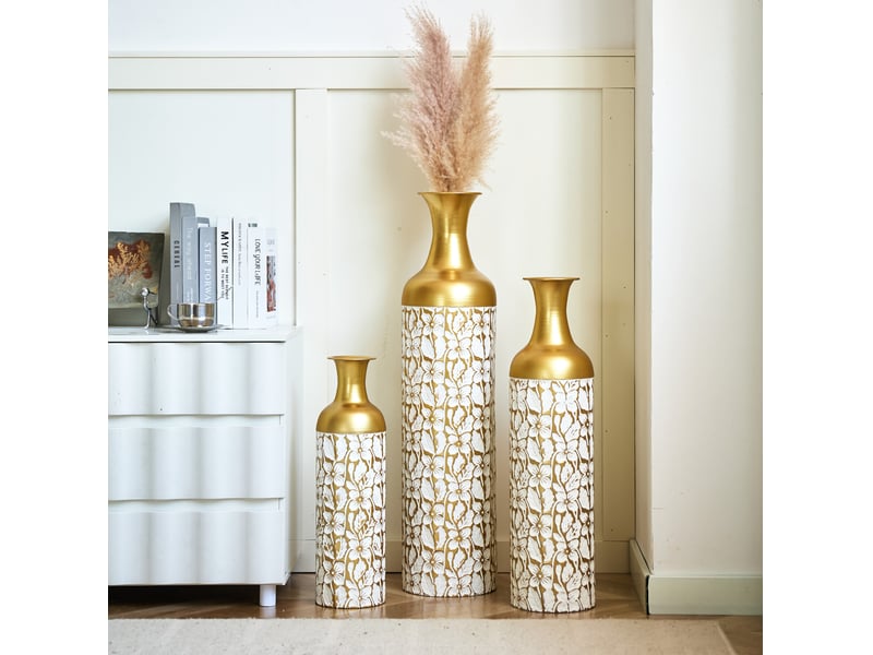  Lot de 3 vases de sol h 50,01, 65,99 et 84,99 cm or et blanc en métal, décor floral pour intérieur et jardin  - Conforama B