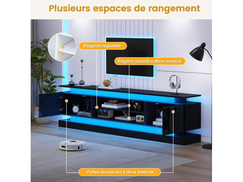  Meuble tv 180x35x60 cm jusqu'à 75 pouces, led rgb bluetooth, 2 portes à pression, mdf noir, rangements réglables  - Conforama D