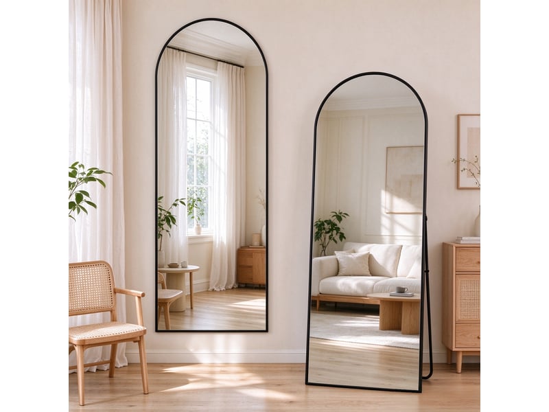  Miroir psyché arqué sur pied 164x54 cm, miroir pleine longueur arqué avec cadre en alliage d'aluminium, miroir de coiffeuse, miroir sur pied inclinable ou suspendu, noir  - Conforama W