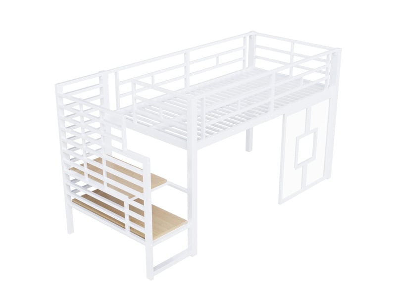 Lit 1 place 90 x 200 cm structure en métal escalier intégré rangement intégré éclairage led fenêtres latérales finition blanche - Conforama E
