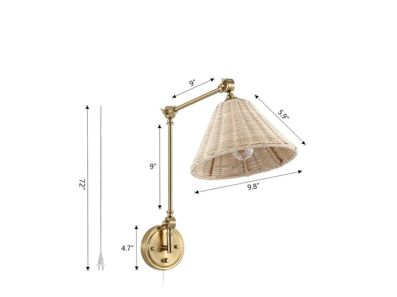  Applique murale avec bras oscillant - structure métallique dore et abat-jour conique en rotin naturel tissé à la main  - Conforama B
