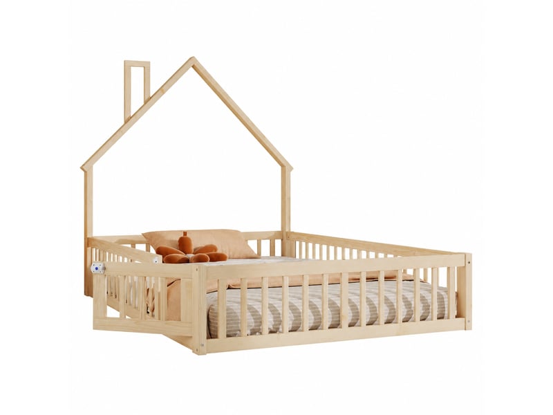  Lit cabane enfant 140 x 200 cm avec forme de cheminée, sommier à lattes, naturel  - Conforama A