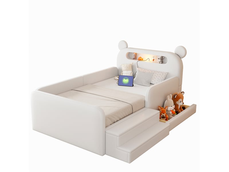  Lit enfant 90x200 cm blanc en cuir régénéré, tête de lit ours avec veilleuse usb et rangement, sans matelas  - Conforama A