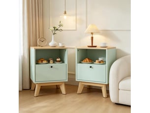 Table de chevet lot de 2 avec 2 tiroirs et 2 niches ouvertes, finition mélaminée vert clair effet chêne 40 × 40 × 55 cm