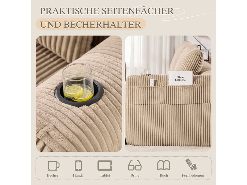 Canapé 2 places en velours côtelé kaki avec porte-gobelets et poches latérales intégrés - Conforama R