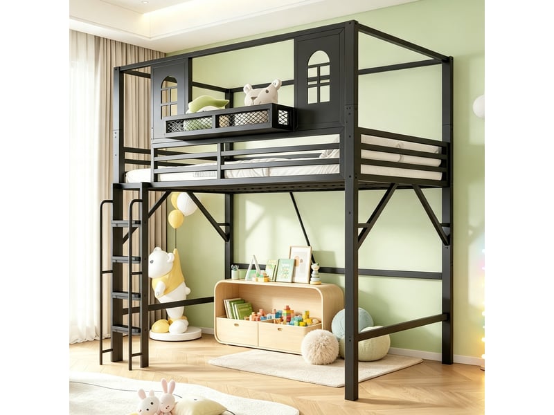  Lit mezzanine enfant 90 x 200 cm en métal, toit cabane avec fenêtres, échelle sécurisée, rangement, noir evarich - Conforama B