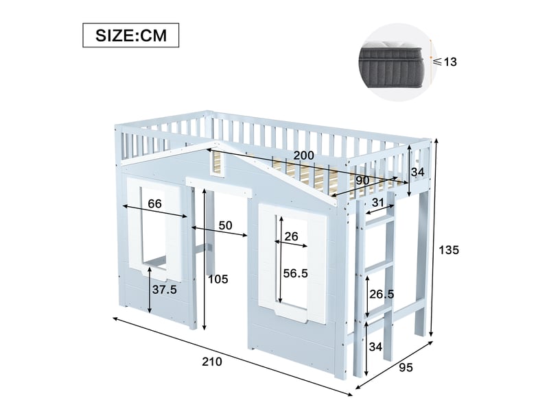  Lit mezzanine enfant 90 × 200 cm avec escalier réversible, fenêtre, espace libre dessous, sans matelas, bleu  - Conforama E