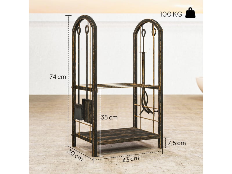  Porte-bûches intérieur 2 niveaux avec 4 outils de cheminée, métal, 43 x 30 x 74 cm  - Conforama E