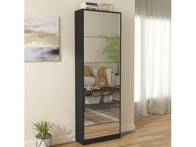  Meuble à chaussures,63x23,6x185 cm,miroir et 5 abattants,mdf,noir  - Conforama C