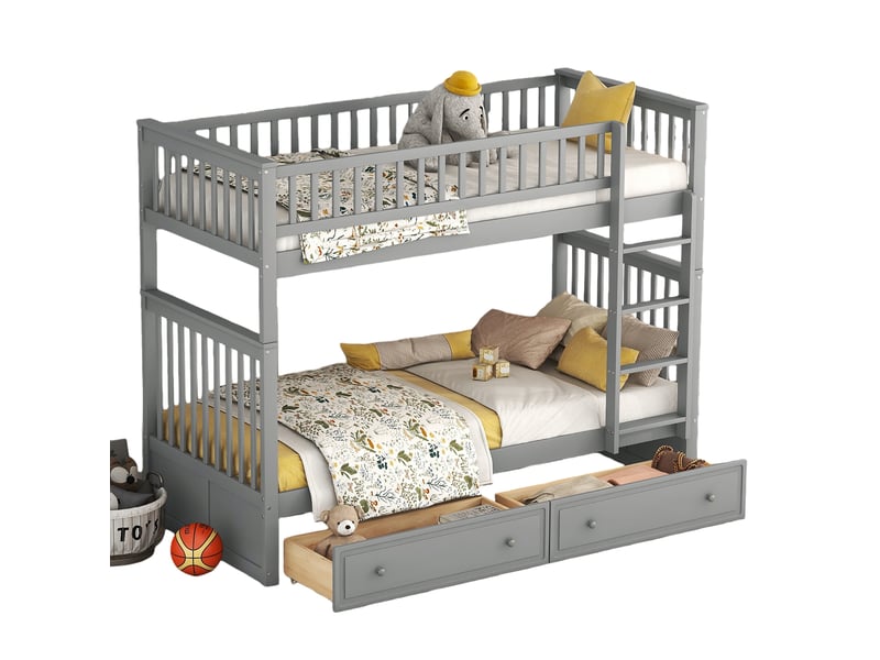  Lit superposé 90x200 cm - lit enfant évolutif avec rangement intégré - bois de pin et mdf robuste - gris - sans matelas  - Conforama A