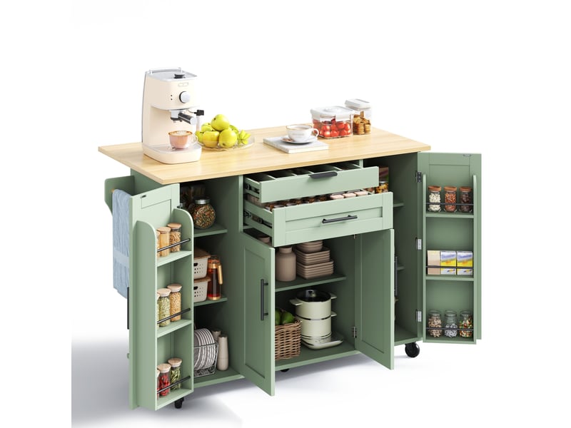 Îlot de cuisine sur roulettes vert antique, desserte avec plan de travail extensible, tiroir à couverts, 136x70x92 cm  - Conforama A