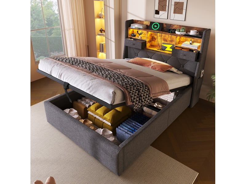  Lit 1 place 90 x 200 cm avec rangement hydraulique, led, prises usb et matelas en lin gris  - Conforama C