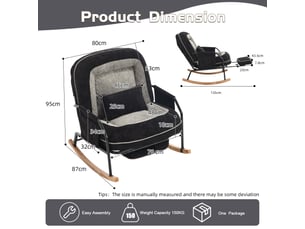 Chaise à bascule - 80 x 87 x 95 cm - noir et gris - fauteuil à rocker inclinable avec repose-pieds et fausse fourrure