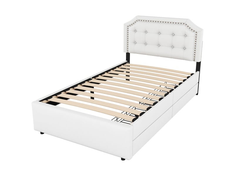 Lit rembourré beige clair 90x200 cm avec détails cloutés et 2 tiroirs de rangement - Conforama D