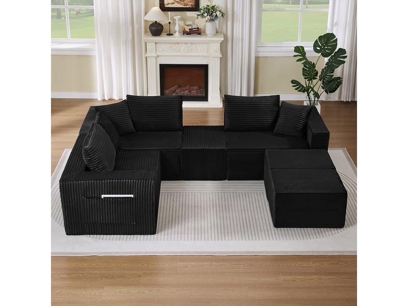 Canapé modulable 6 places en velours côtelé noir, assise souple et composition flexible IKSETERA TRADING LTD - Conforama B
