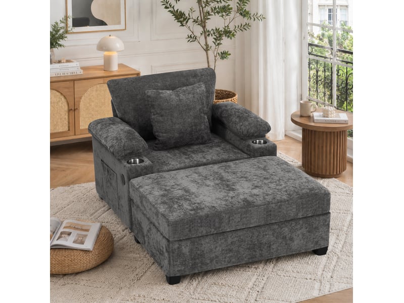  Fauteuil relax modenvie convertible 98 x 148 x 83 cm en chenille gris foncé avec usb et rangement  - Conforama D