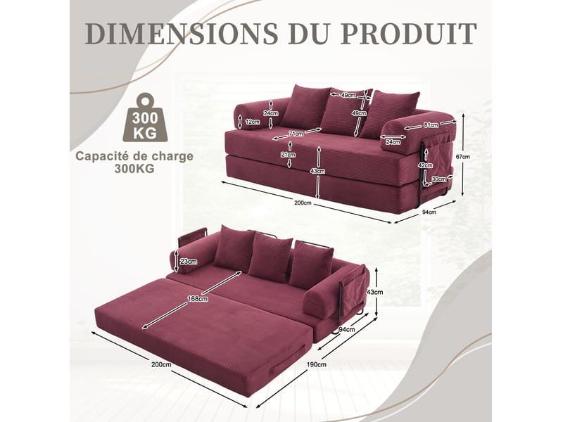Canapé droit 3 places moderne 200x94x67 cm, modulable librement, rangements latéraux, rangement, velours côtelé, bordeaux - Conforama C