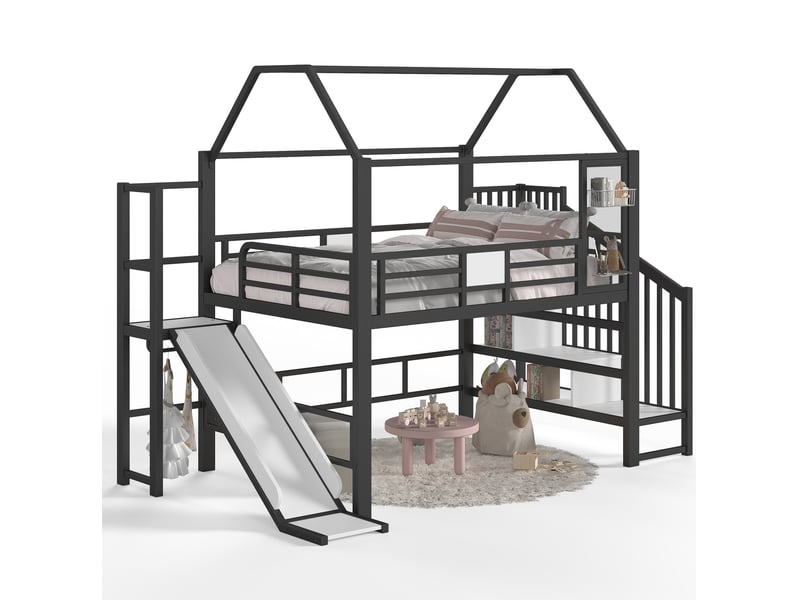  Lit mezzanine enfant 140x200 avec toboggan et led bluetooth evryae  - Conforama A