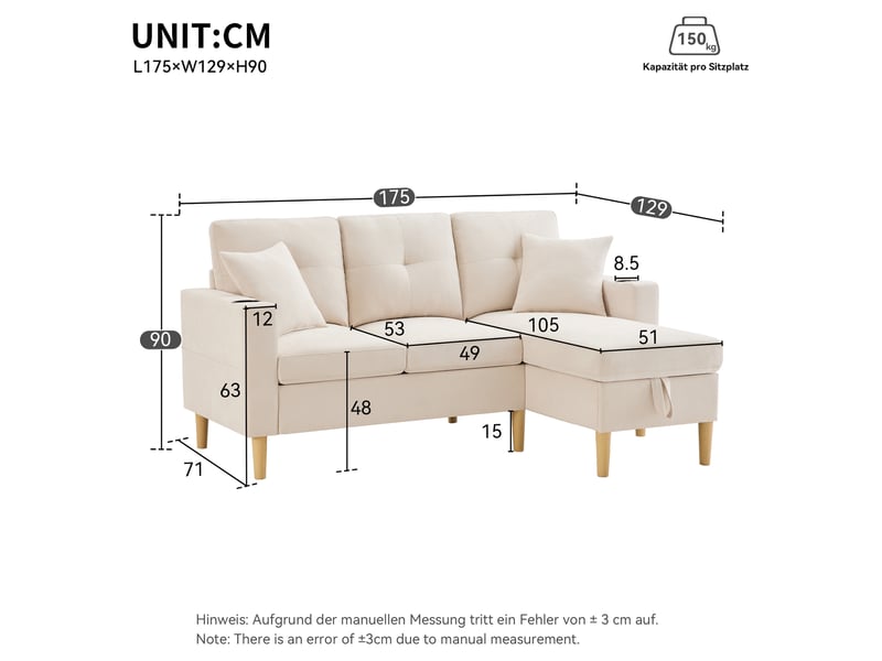  Canapé d’angle réversible 3 places 175x129 cm avec méridienne, coffre de rangement, porte-gobelets, 2 coussins - beige  - Conforama D