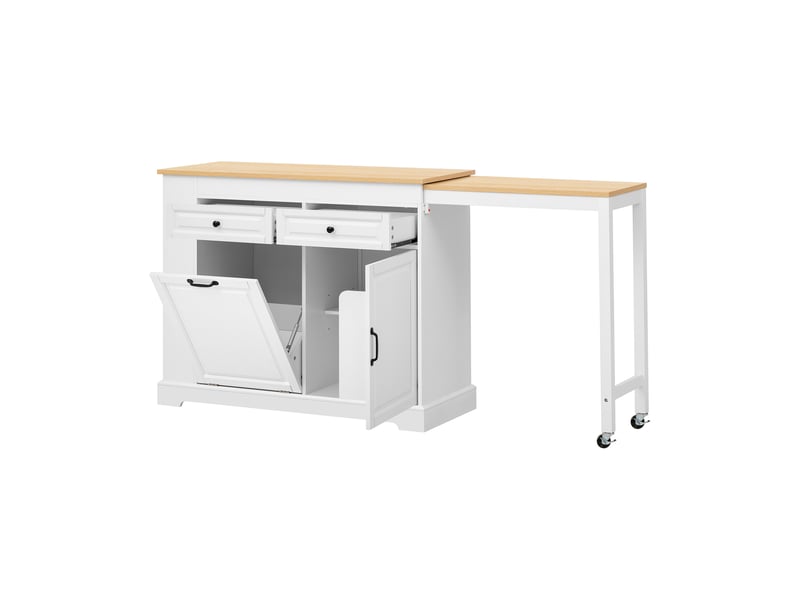  Îlot de cuisine sur roulettes plateau extensible 112-180 cm meuble poubelle 2 tiroirs blanc  - Conforama A