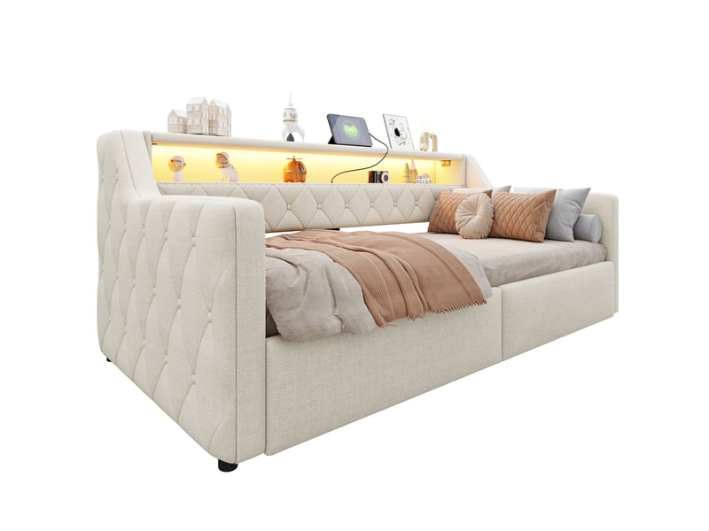 Lit banquette 90x200 cm équipé de bande led, levage hydraulique, mdf, beige, matelas non fourni  - Conforama A