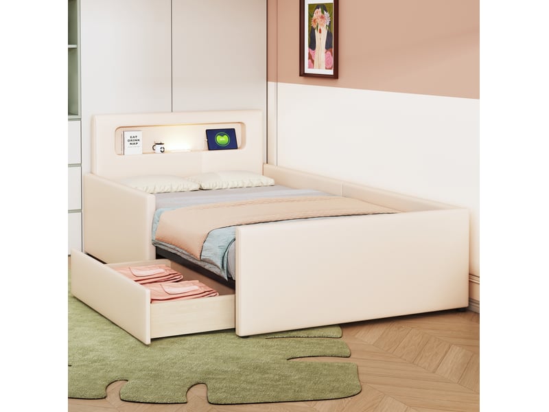  Lit enfant 90x200 cm, 213x97x70 cm, tiroirs, veilleuse led, port usb, similicuir beige, sans matelas  - Conforama B