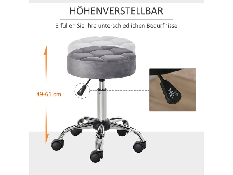  Tabouret de bar à roulettes réglable et pivotant - lpospi - assise capitonnée, polyester gris clair ø35 × 49-61 cm  - Conforama D
