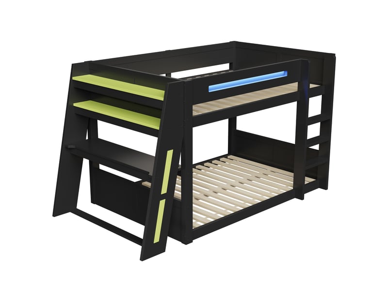  Lit mezzanine gaming 140x200 cm avec bureau, 2 étagères, led, port usb et garde-corps, pin et mdf, noir et vert  - Conforama A