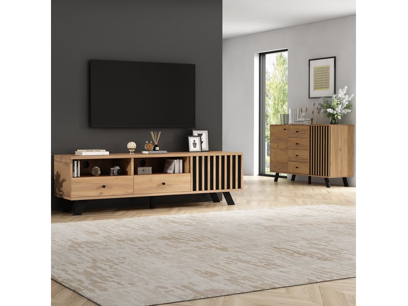  Meuble rangement salon ensemble sideboard tv 120 et 150 cm bois noir moderne chic homvra  - Conforama B
