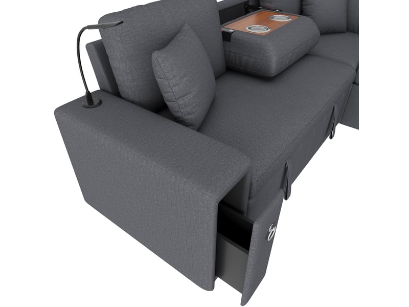 Canapé d'angle 213x184x88cm, table intégrée, connectique usb, éclairage de lecture, pouf inclus, revêtement lin, gris - Conforama E