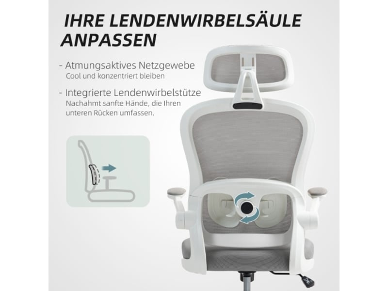  Chaise de bureau ergonomique en mesh, accoudoirs rabattables, 5 roulettes, inclinable, grise  - Conforama D
