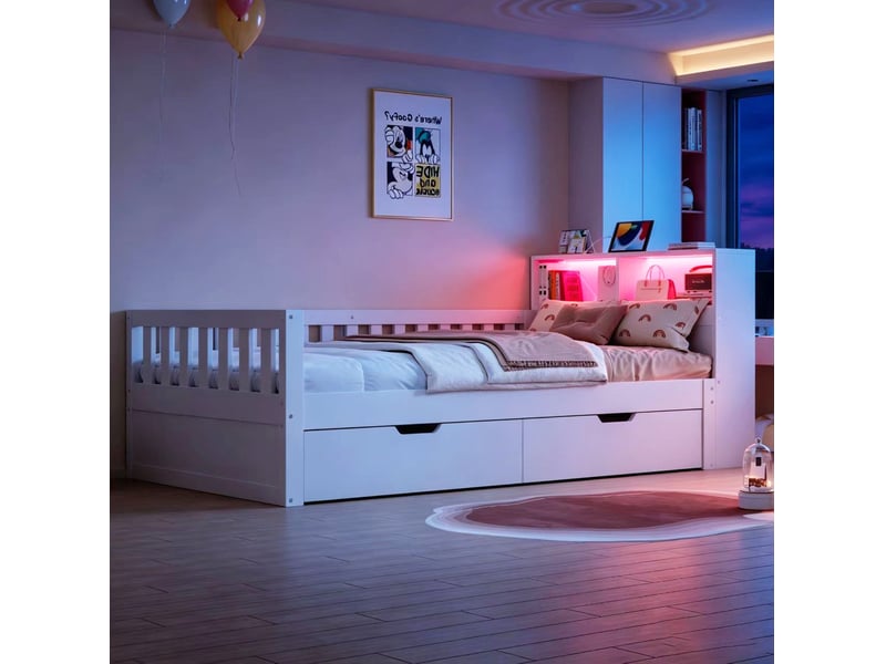 Lit simple 90 × 200 cm avec 2 tiroirs, rangements, led, prises usb et barrières en bois blanc pour chambre - Conforama D