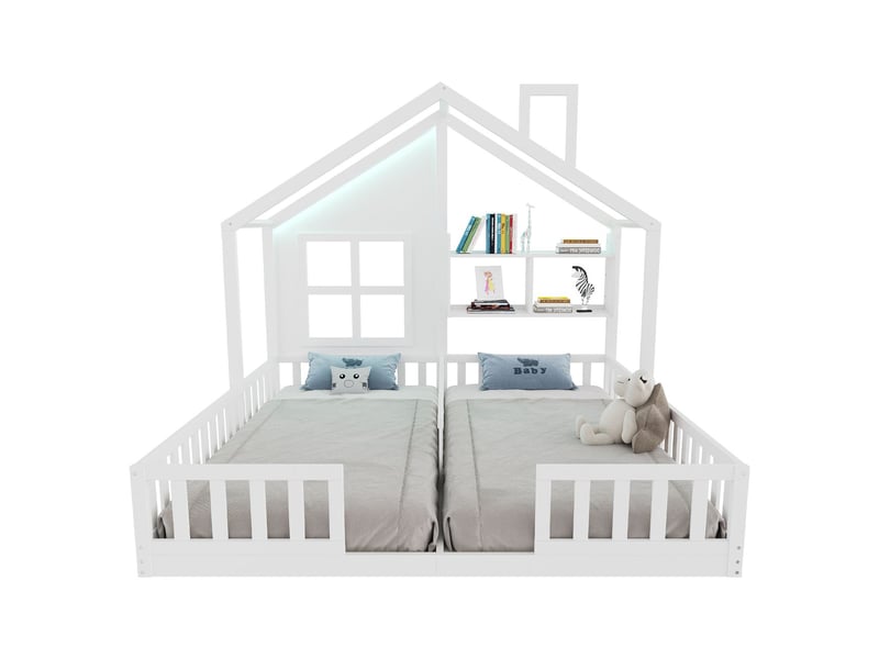  Lit enfant 90x200, garde-corps lit cabane enfant, structure bois, design maison, led intégrée, rangement, sommier inclus  - Conforama A