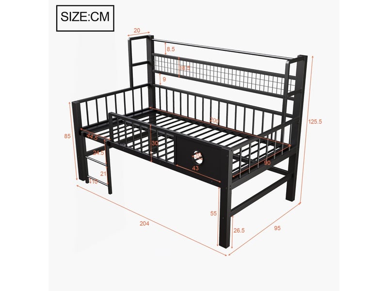  Lit mezzanine enfant 90x200cm bas avec tringle et étagère - lit enfant - cadre métal robuste, gain de place, noir  - Conforama C
