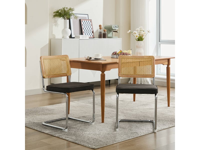  Lot de 2 chaises de salle à manger - 59x47x81cm - chaises porte-à-faux design breuer en rotin et assise velours - noir  - Conforama D