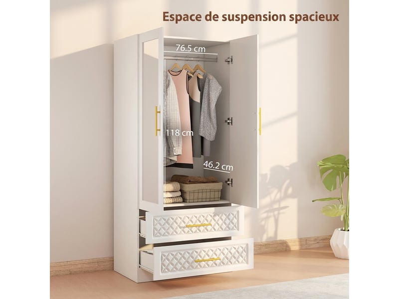 Armoire chambre penderie avec miroir, 2 tiroirs, 2 portes et barre de suspension, 80 x 50 x 180 cm, blanc  - Conforama D