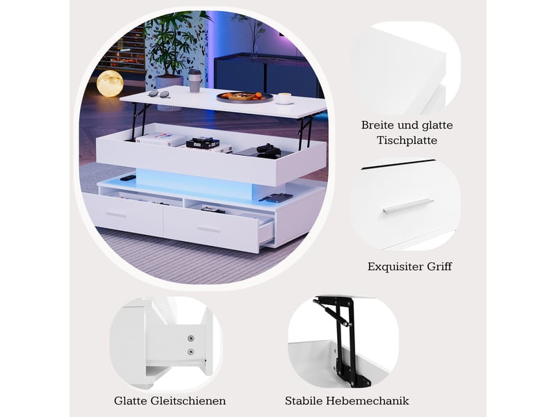 Table basse relevable blanche 100×50 cm led bluetooth, 2 tiroirs – design moderne - Conforama D