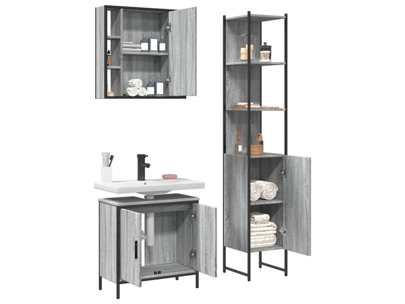  Ensemble d'armoires de salle de bain 3 pcs sonoma gris  - Conforama D