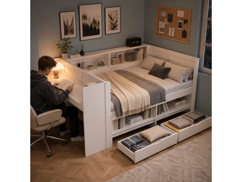 Lit combiné 120 x 200 cm en bois avec bureau intégré, armoire, 2 tiroirs, niches et contour de lit, blanc ABC - Conforama E