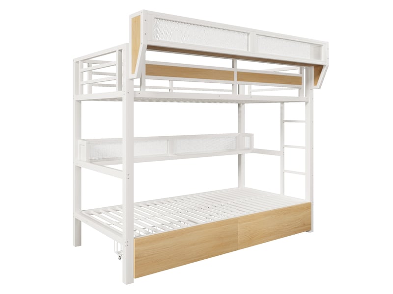 Lit superposé 90x200 cm avec led, 2 tiroirs, étagère et panier de rangement, garde-corps, blanc - Conforama A