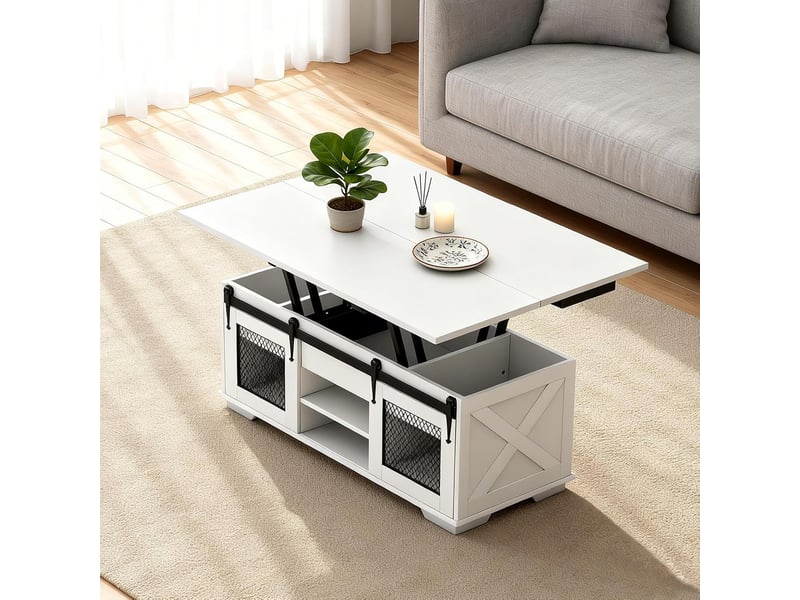 Table basse relevable, 3 compartiments caché, 2 portes coulissantes, table de café industrielmoderne avec plateau relevable, charge 75 kg (blanc)  - Conforama C