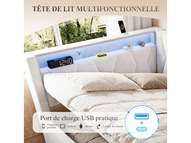  Lit coffre 140x200 velours beige avec led et usb, sommier à lattes et cadre métal sans matelas  - Conforama E